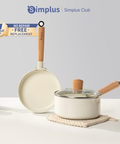 【Simplus Club】3 Pcs Cookware Set Ceramic Non-Stick 16cm Frying Pan 16cm Saucepan Tempered Glass Lid PTFE-Free Fried Egg Perfect Solo Dining