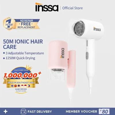 【INSSA】Foldable Hair Dryer 1250W Quick Dry Strong Power 150 Million Negative Ions Ultra Quiet Lightweight Design