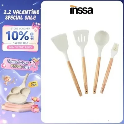 【INSSA】Cooking Utensils Kitchen Utensils with Wooden Handle Silicone Material Heat Resistant Non-Stick